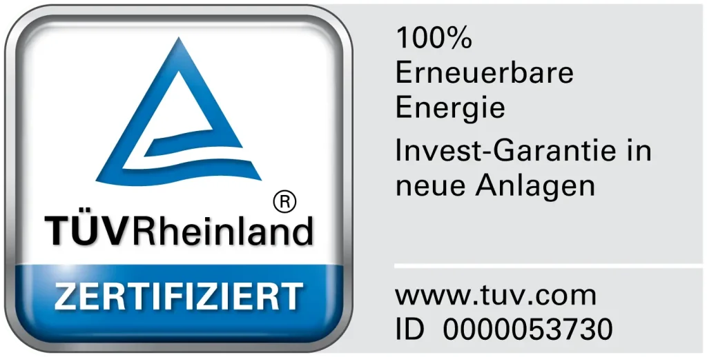 TÜV-Siegel: Der TÜV Rheinland zertifiziert 100 % erneuerbare Energie und eine Investgarantie in neue Anlagen. Die Prüfzeichennummer lautet 0000053730. Das Siegel führt zum Zertifikat der Berliner Stadtwerke auf der Website des TÜV Rheinland.