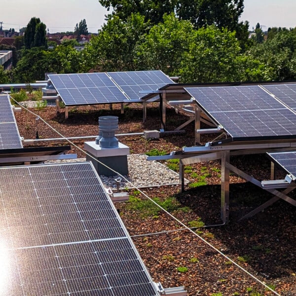 Solaranlage der Berliner Stadtwerke mit Gründach im Mieterstrom-Projekt Eichbuschallee