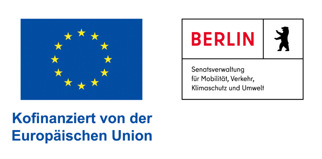 Logos der EU (mit dem Text „Kofinanziert von der Europäischen Union“) und der Senatsverwaltung für Mobilität, Verkehr, Klimaschutz und Umwelt